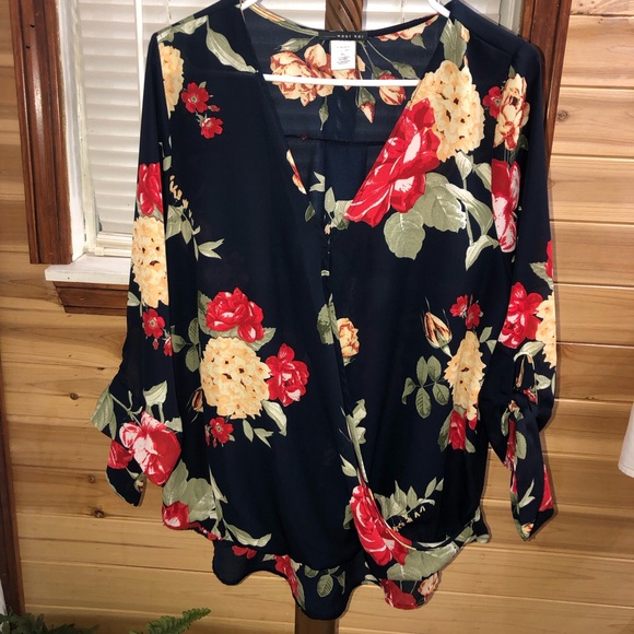 West Kei Tops - West Kei Navy Floral Blouse with Red and Yellow Accents